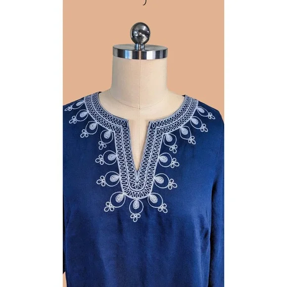 Saint Tropez West plus size 2X Navy blue Linen embroidered V neck Tunic - Picture 3 of 4